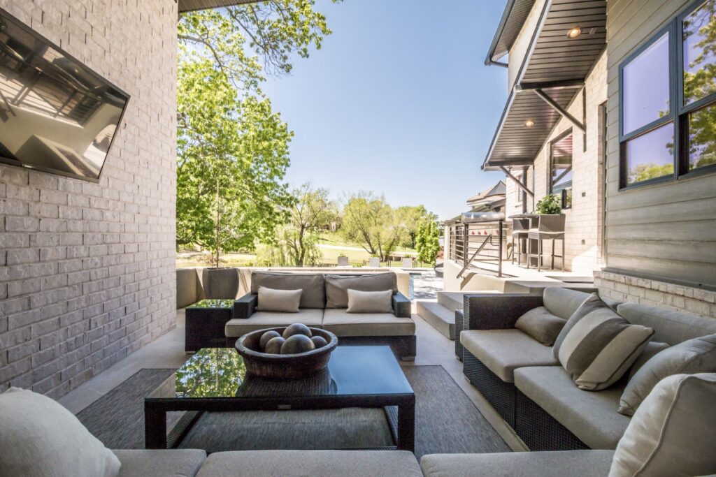 An outside seating area of a house